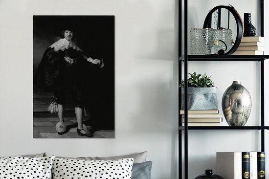 Peinture sur toile Marten Soolmans - Peinture de Rembrandt van Rijn - noir et blanc - 40x60 cm - Décoration murale