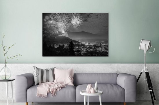 Tableau sur toile Feu d'artifice au lac de Garde en Italie - noir et blanc - 120x80 cm - Décoration murale