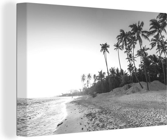 Canvas Schilderij Palmbomen op het strand tijdens de zonsopkomst - zwart wit - 90x60 cm - Wanddecoratie