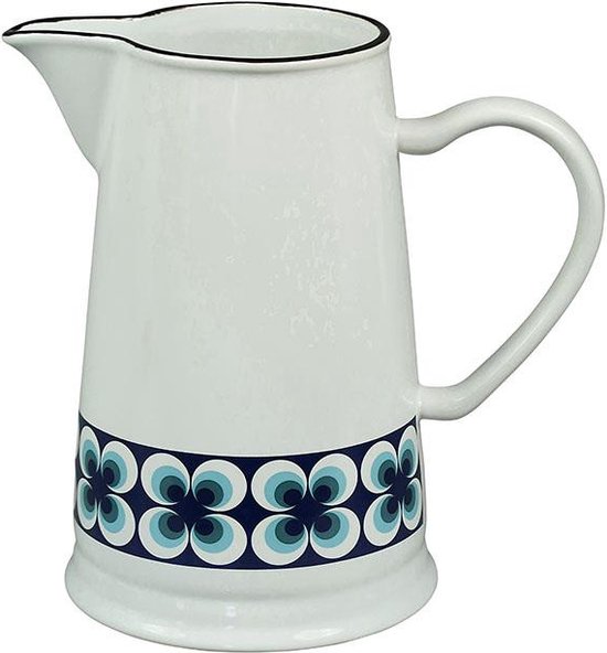 Wit met blauw-wit bloempatroon, zwarte rand. Handvat aan de zijkant.