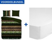 Luxe Dekbedovertrek Tweepersoons - Lits Jumeaux - 240x200/220cm - Inclusief 2 Kussenslopen - 100% Zacht Microvezel - Groen Tamara + Zachte Katoenen Hoeslaken -160x200cm - Wit