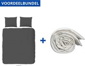 Luxe Dekbedovertrek Tweepersoons - 200x200/220cm - Inclusief 2 Kussenslopen - 100% Zacht Katoensatijn - Antraciet + Wasbaar Microfiber Dekbed - 200x200cm - Wit