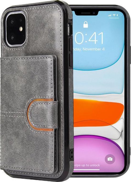 Étui de protection arrière pour iPhone 12 Pro - Cuir PU - Porte-cartes - Étui rigide - Apple iPhone 12 Pro - Grijs