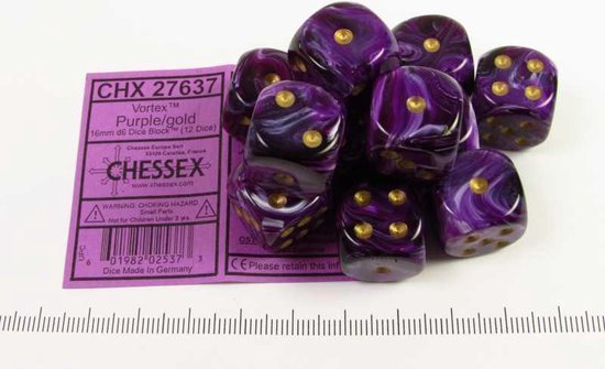 Afbeelding van het spel Set 12 st. 6-zijdig, 16mm Vortex purple w/gold