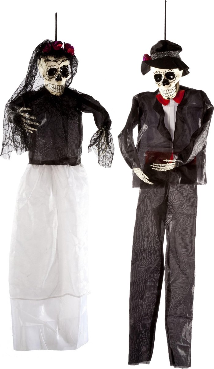Set van 2x hangende horror decoratie skelet 92 cm Day Of Death dame en heer - Halloween thema versiering poppen