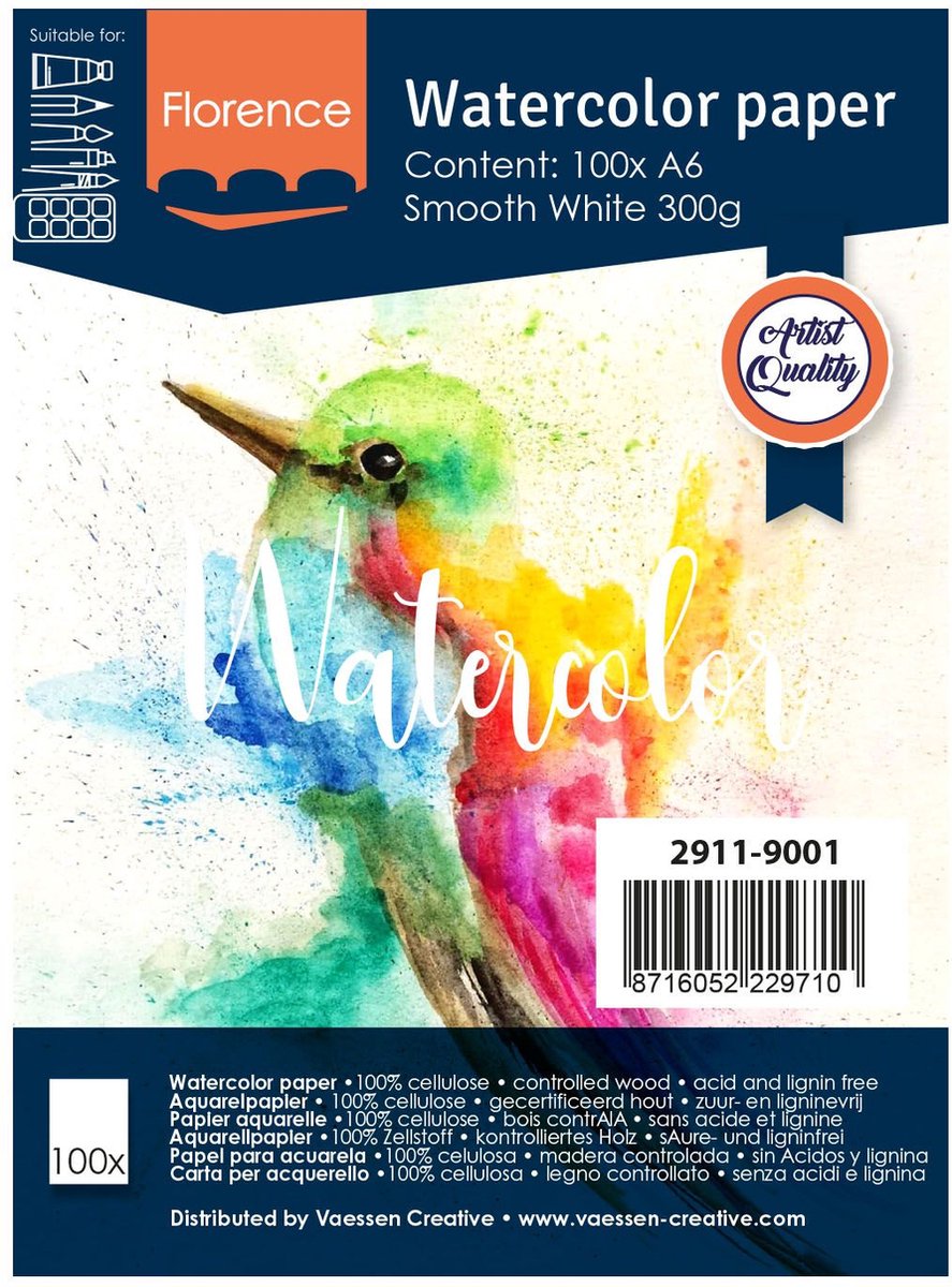 Aquarelpapier - Intense White - A6 - 300 grams - Gladde Structuur - Smooth - Florence - 100 vellen - Florence Vaessen