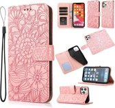 Skin Feel Reliëf Zonnebloem Horizontale Flip Lederen Case met Houder & Kaartsleuven & Portemonnee & Lanyard Voor iPhone 12 Mini (Rose goud)