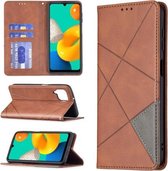 Voor Samsung Galaxy M32 Ruit Textuur Horizontale Flip Magnetische Lederen Case met Houder & Kaartsleuven (Bruin)