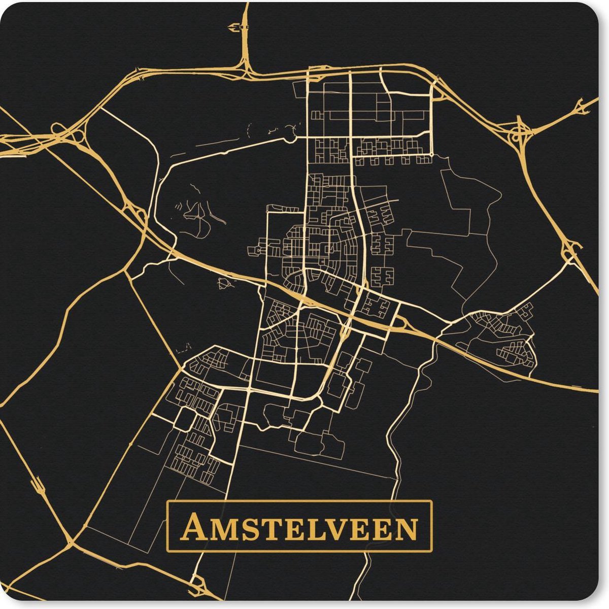 Muismat 30x30 cm - Mousepad Kaart - Amstelveen - Zwart - Goud - Muismatten