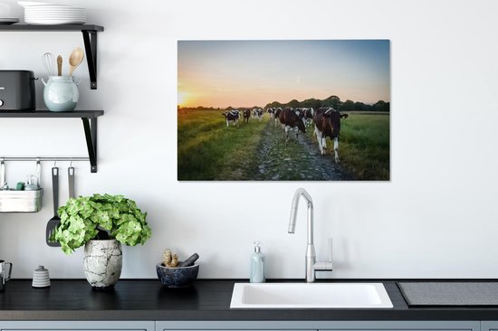 Tableau Peinture Vaches - Soleil - Route - 60x40 cm - Décoration murale