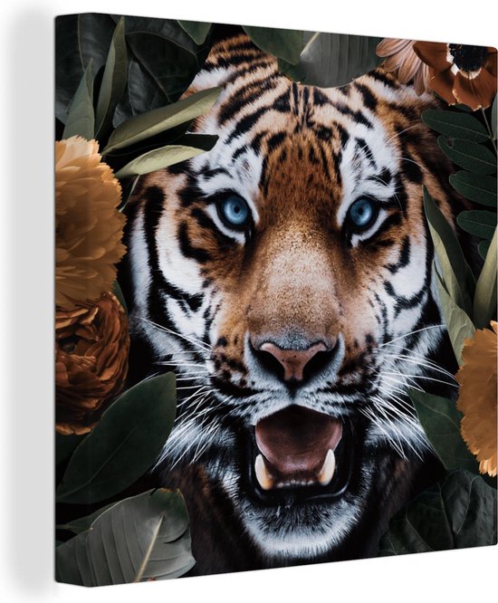 Tableau sur toile Tigre - Feuille - Animaux - 90x90 cm