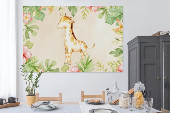 Tableau sur toile Girafe - Peinture aquarelle - Fleurs - Jungle - 180x120 cm - Décoration murale XXL