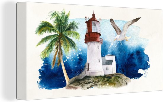 Canvas Schilderij Vuurtoren - Palmboom - Vogel - 80x40 cm - Wanddecoratie