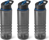 3x Stuks kunststof waterfles/drinkfles transparant zwart/blauw met rietje 650 ml - Sportfles - Bidon
