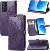 Voor OPPO Reno6 Pro 5G Mandala Bloem Reliëf Horizontale Flip Lederen Case met Houder & Drie Kaartsleuven & Portemonnee & Lanyard (Paars)