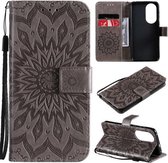 Voor Huawei P50 Zon Embossing Patroon Horizontale Flip Lederen Case met Kaartsleuf & Houder & Portemonnee & Lanyard (Grijs)