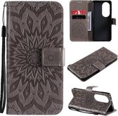 Voor Huawei P50 Pro Zon Embossing Patroon Horizontale Flip Lederen Case met Kaartsleuf & Houder & Portemonnee & Lanyard (Grijs)