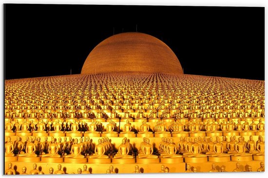 Dibond - Veel Gouden Boeddha's  - 60x40cm Foto op Aluminium (Wanddecoratie van metaal)
