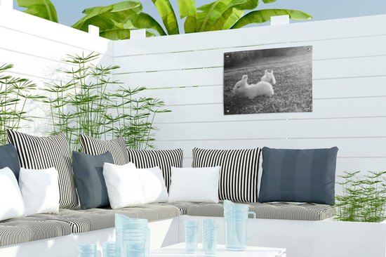 Décoration de Jardin Deux bébés lapins jouant dans l'herbe - noir et blanc - 40x30 cm