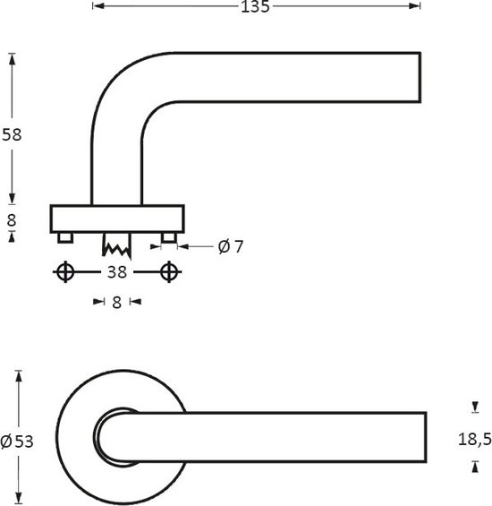Technische tekening van een geborsteld roestvrijstalen deurkruk met afmetingen.