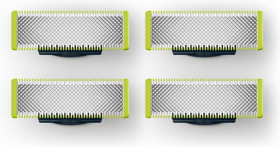 Quatre lames de rechange Philips OneBlade avec lame argentée et bords vert clair, disposées en grille 2x2.