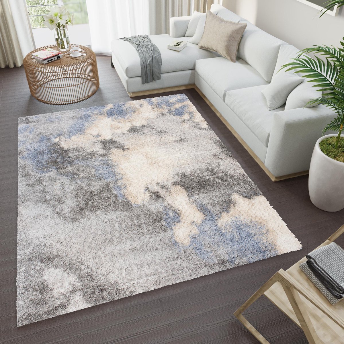 Tapiso Versay Vloerkleed Hoogpolig Shaggy Slaapkamer Tapijt Maat- 80x150 Grijs Beige Blauw1