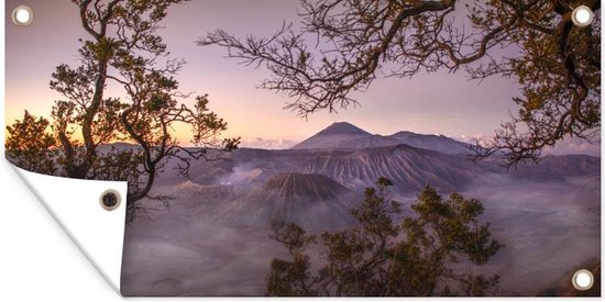 Affiche de clôture Ciel violet au-dessus du paysage du parc national de Bromo Tengger Semeru - 200x100 cm - Toile de jardin