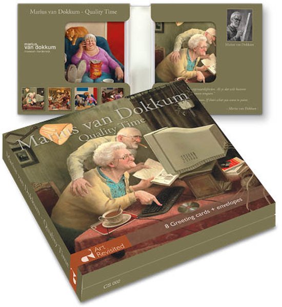 Doos met wenskaarten 'Quality Time' van Marius van Dokkum, met een schilderij van een oud stel voor een computer.