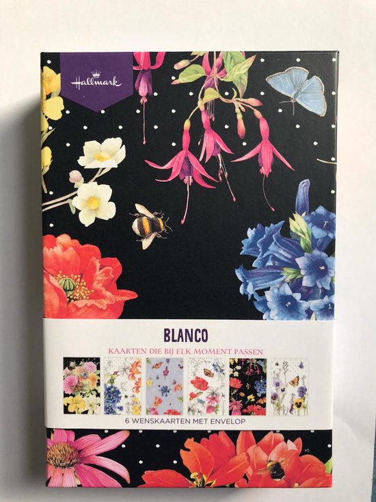 Hallmark blanco kaarten met bloemen, vlinders en bijen op een zwarte achtergrond. Zes kaarten met envelopp.