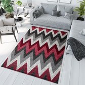 Tapiso Jawa Vloerkleed Grijs Rood Modern Zigzag Laagpolig Tapijt Maat- 80x150