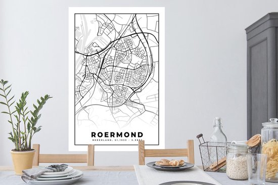 Stickers muraux - Film autocollant - Carte - Roermond - Zwart - Wit - 80x120 cm - Film adhésif - Stickers muraux Chambre d'enfant - Papier peint autocollant - Papier peint autocollant - Film autocollant