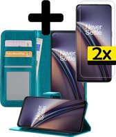 Hoesje Geschikt voor OnePlus Nord CE Hoesje Book Case Hoes Wallet Cover Met 2x Screenprotector - Hoes Geschikt voor OnePlus Nord CE Hoesje Bookcase Hoes - Turquoise