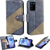 Voor OPPO A16 Contrast Kleur Splicing Retro Textuur Horizontale Flip PU Lederen Case met Kaartsleuven & Houder & Portemonnee (Blauw)