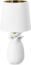 Navaris ananaslamp - Ananas tafellamp met keramieken voet en stoffen lampenkap - Pineapple lamp - 35 cm hoog - Wit