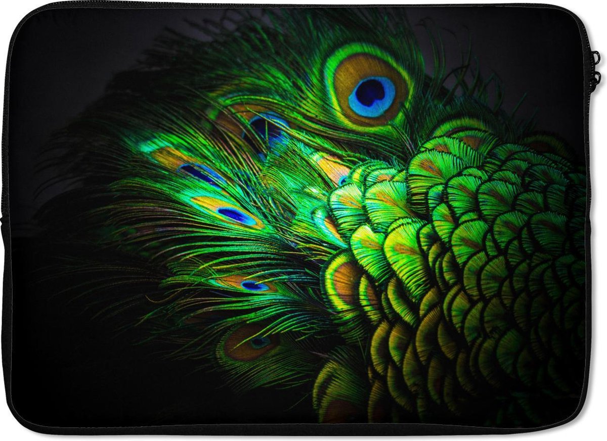 Laptophoes 13 inch - Patronen - Pauw - Pluimen - Laptop sleeve - Binnenmaat 32x22,5 cm - Zwarte achterkant