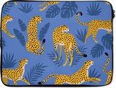 Laptophoes 14 inch - Patronen - Panter - Blauw - Laptop sleeve - Binnenmaat 34x23,5 cm - Zwarte achterkant