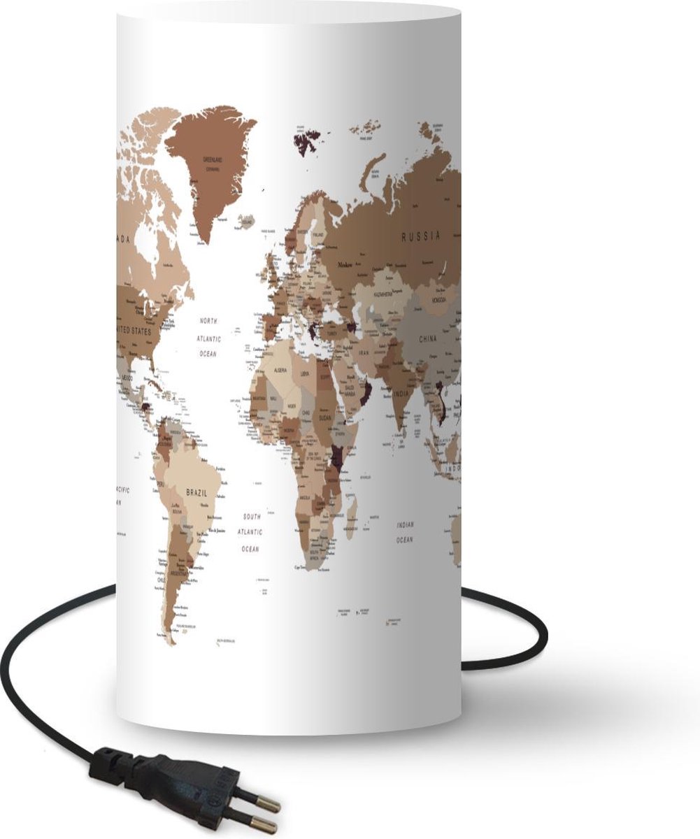 Lamp - Nachtlampje - Tafellamp slaapkamer - Wereldkaart - Simpel - Bruin - 33 cm hoog - Ø15.9 cm - Inclusief LED lamp