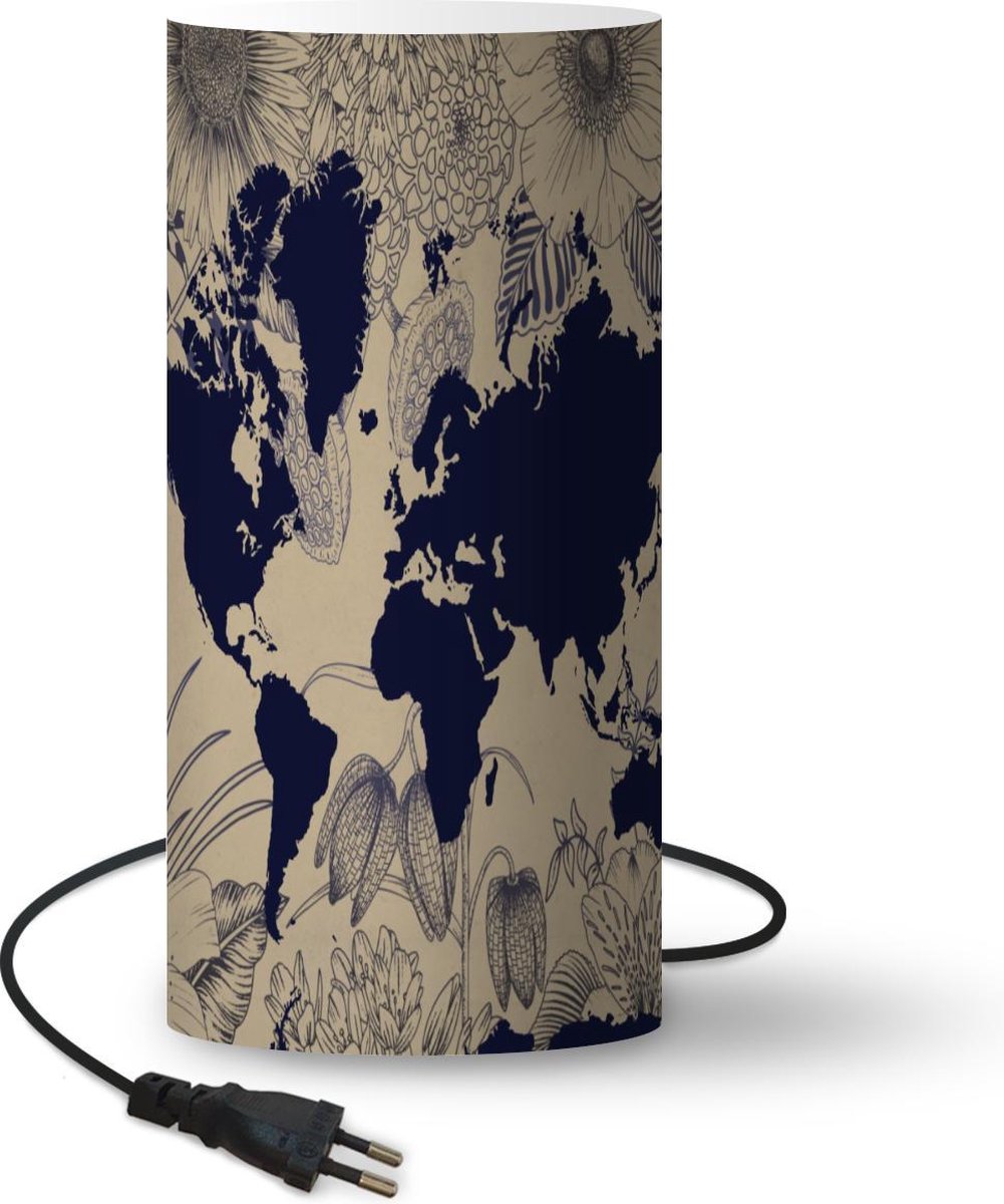 Lamp - Nachtlampje - Tafellamp slaapkamer - Wereldkaart - Bloemen - Blauw - 54 cm hoog - Ø24.8 cm - Inclusief LED lamp