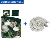 Luxe Zachte Dekbedovertrek Tweepersoons - 200x200/220cm - Inclusief 2 Kussenslopen - 100% Versterkt Katoen - Luuk Groen + Wasbaar Microfiber Dekbed - 200x220cm - Wit