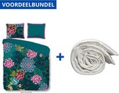 Luxe Dekbedovertrek Tweepersoons - 200x200/220cm - Inclusief 2 Kussenslopen - 100% Zacht Percale Katoen - Ceylon Groen + Wasbaar Microfiber Dekbed - 200x220cm - Wit