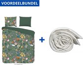 Luxe Zachte Dekbedovertrek Tweepersoons - 200x200/220cm - Inclusief 2 Kussenslopen - 100% Versterkt Katoen - Shinsou Groen + Wasbaar Microfiber Dekbed - 200x200cm - Wit