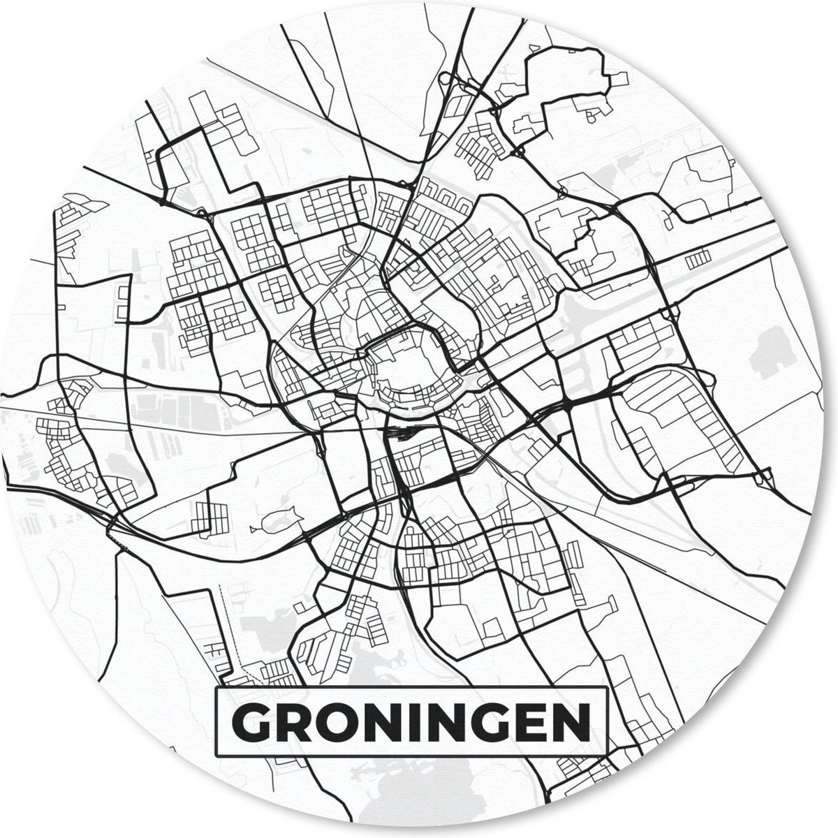 Muismat rond 40x40 cm - Mousepad Kaart - Groningen - Zwart - Wit - Ronde muismatten