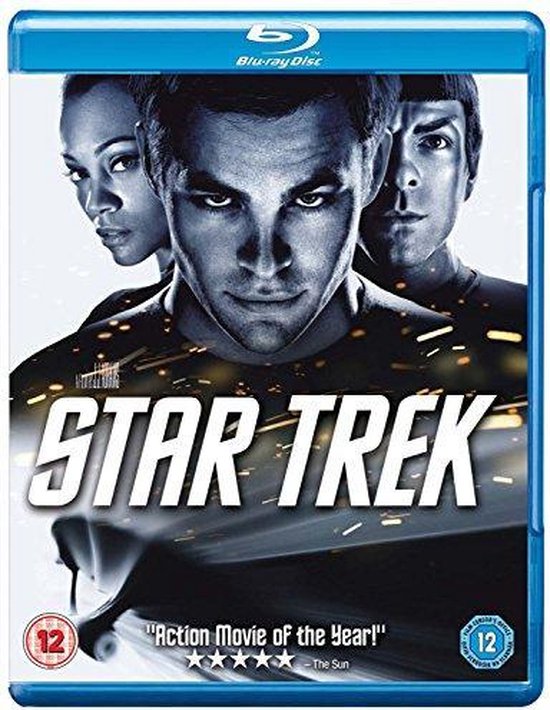 Blu-ray hoes van Star Trek met de gezichten van Uhura, Kirk en Spock, met de titel Star Trek en een 12-keurmerk.