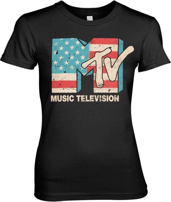 MTV Dames Tshirt -XL- Distressed USA Flag Zwart