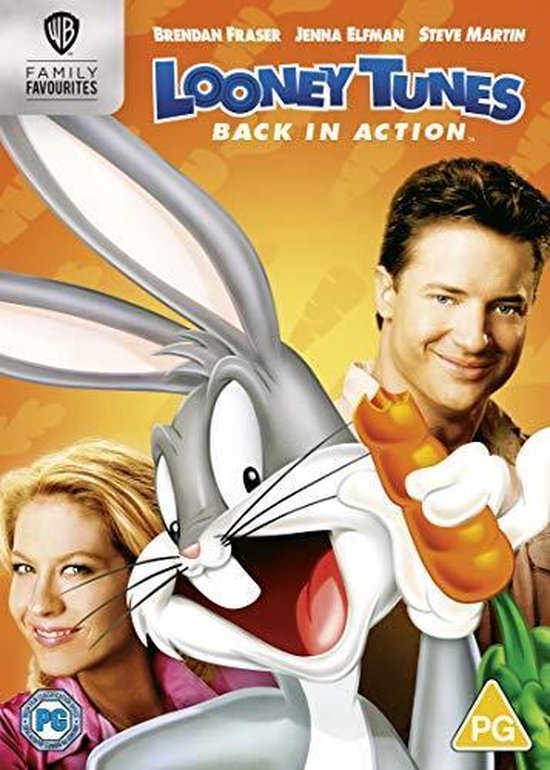 Bugs Bunny eet een wortel, met een man en vrouw achter hem. Titel 'Looney Tunes: Back In Action'.