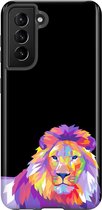 Samsung Galaxy S21 Telefoonhoesje - Extra Stevig Hoesje - 2 lagen bescherming - Met Dierenprint - Leeuw - Roze