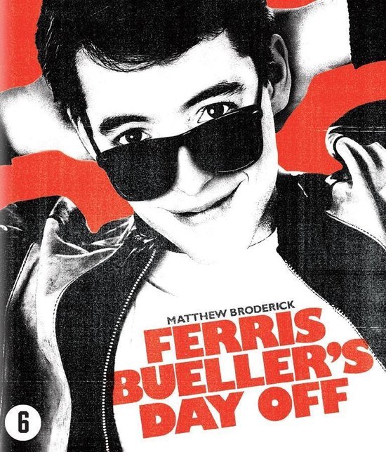 Matthew Broderick als Ferris Bueller met zonnebril en leren jack. Tekst: Ferris Bueller's Day Off.