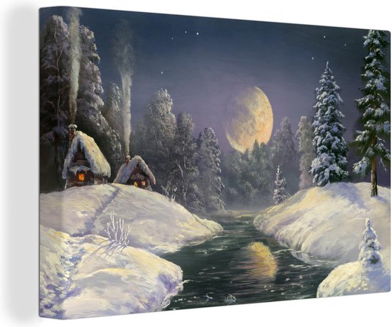 Canvas Schilderij Winter - Maan - Huis - Schilderij - 30x20 cm - Wanddecoratie