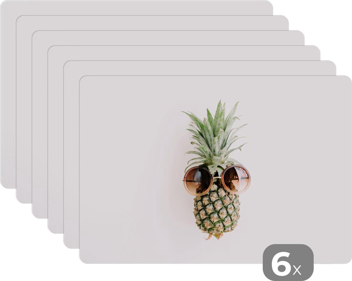 Placemat - Placemats kunststof - Ananas - Zonnebril - Tropisch - 45x30 cm - 6 stuks - Hittebestendig - Anti-Slip - Onderlegger - Afneembaar