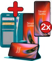 OnePlus Nord 2 Hoesje Book Case Hoes Portemonnee Cover Met 2x Screenprotector - OnePlus Nord 2 Case Hoesje Wallet Case - Turquoise